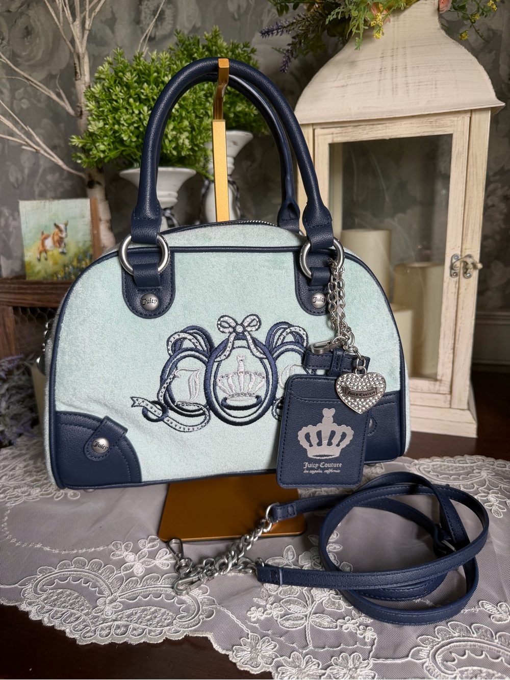 Y2K Juicy Couture Light Blue & Navy Crown Dome Satchel with Heart Charm